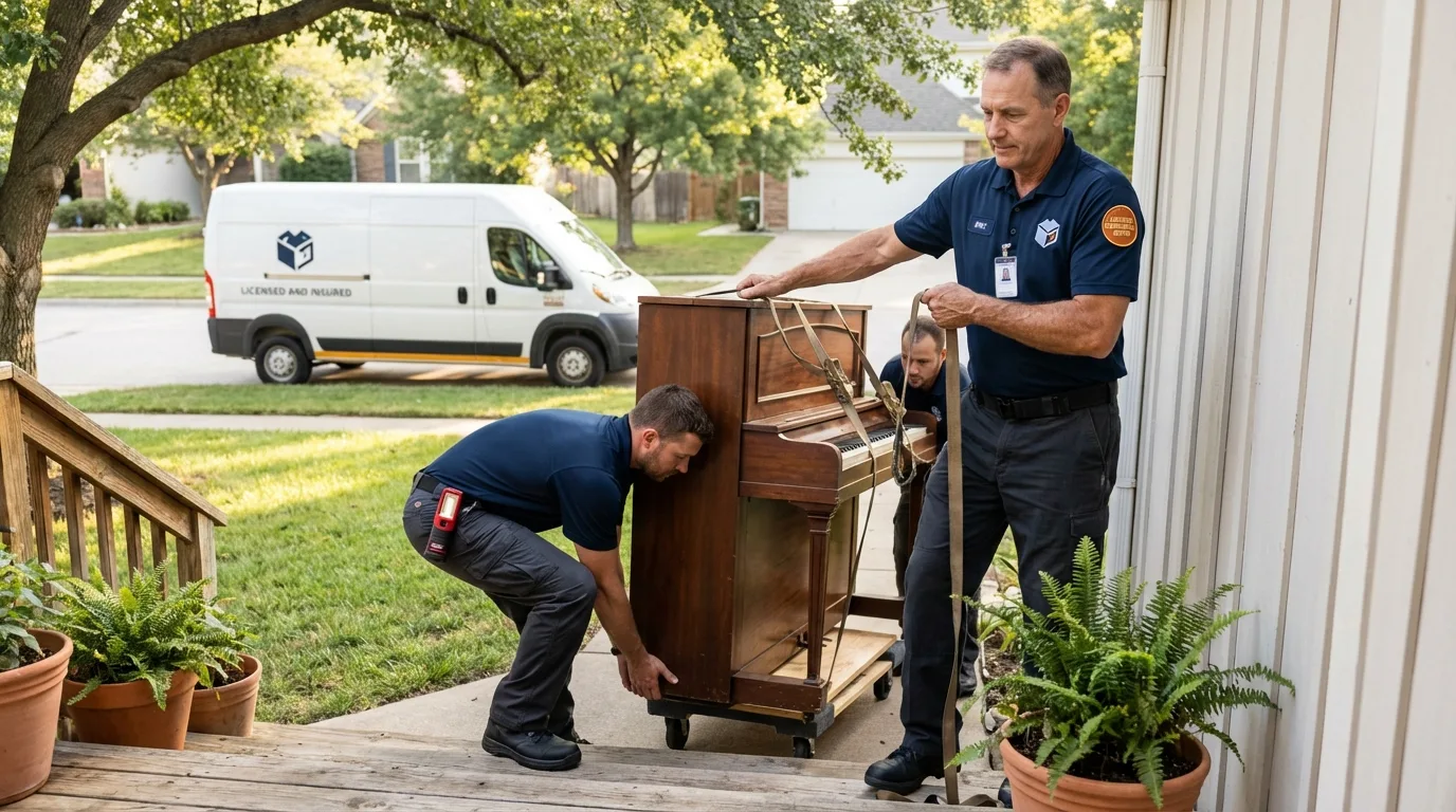 Licensed piano movers securing grand piano in Jeffersonville, OH