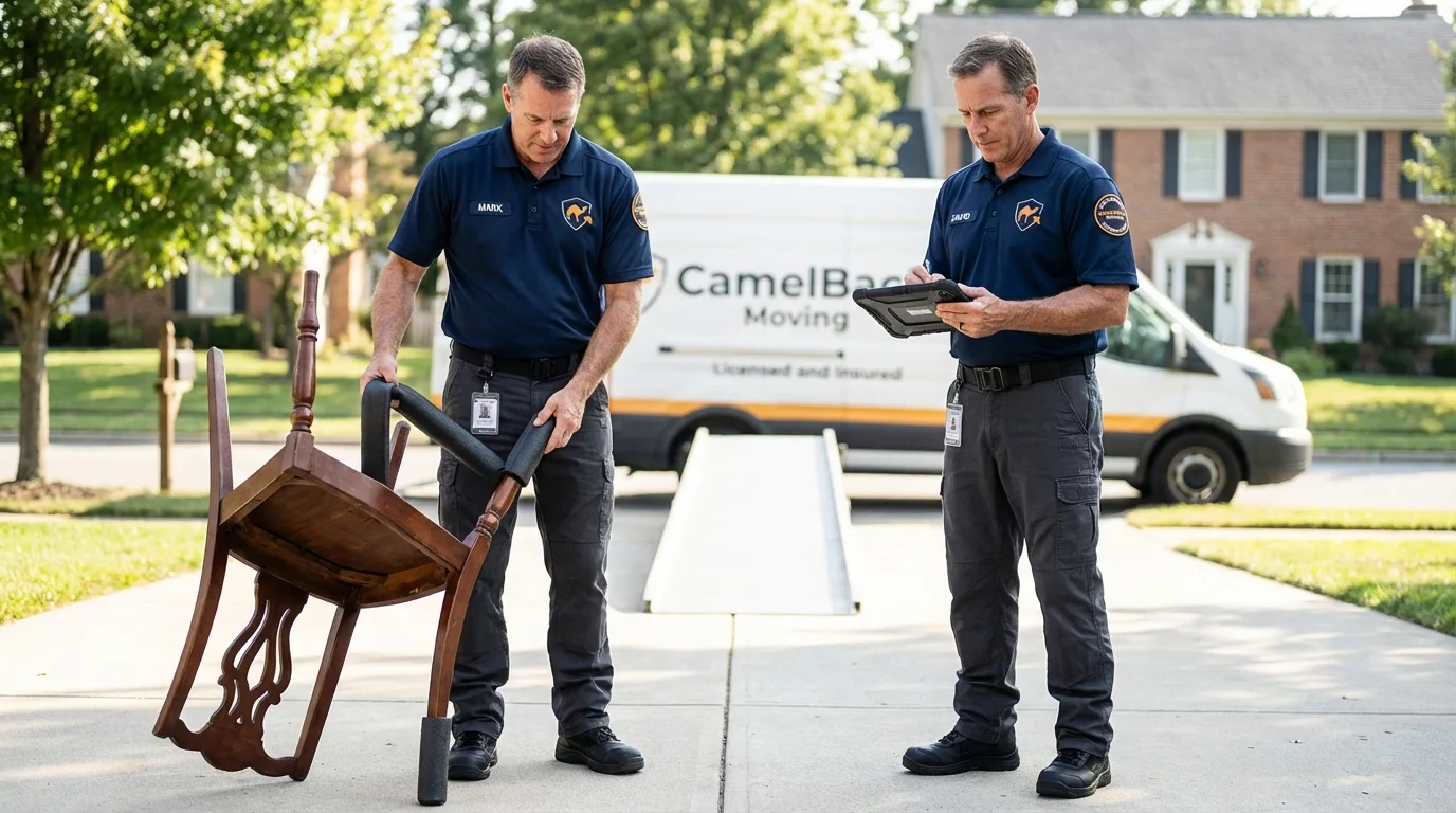 Movers inspecting furniture for damage prevention before loading in Jeffersonville, OH