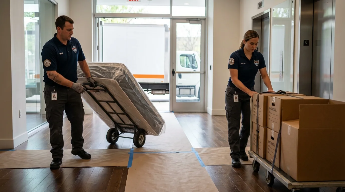 Professional apartment movers loading elevator in Jeffersonville, OH