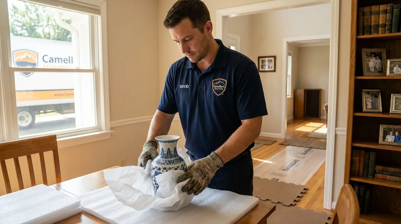 Professional crew carefully wrapping antique vase for senior downsizing move in Jeffersonville, OH